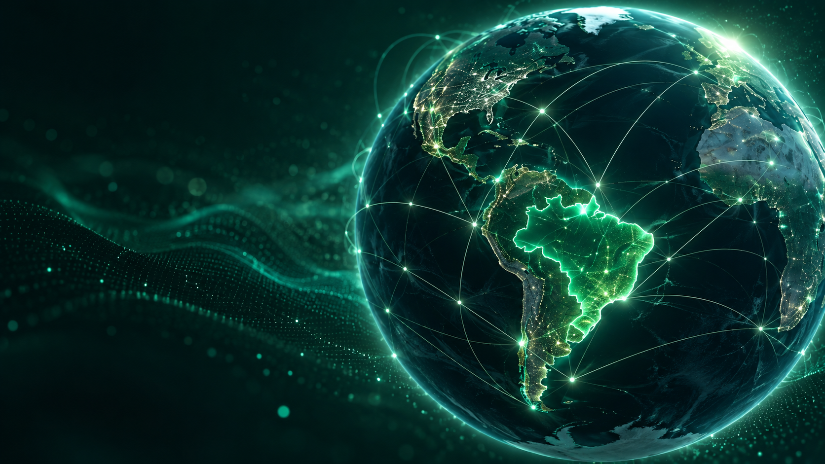 Globo tecnológico com conexões digitais e Brasil em destaque