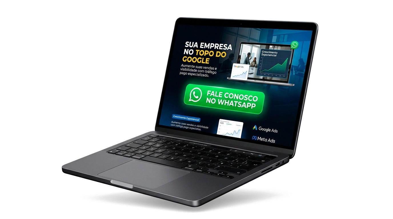 Página corporativa moderna com botão WhatsApp em exibição no notebook